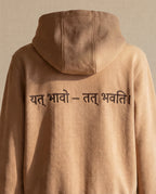 WOVYN Becoming Collection Hoodie - Soft Sand, close back view highlighting Sanskrit embroidery “यत् भावो – तत् भवति”